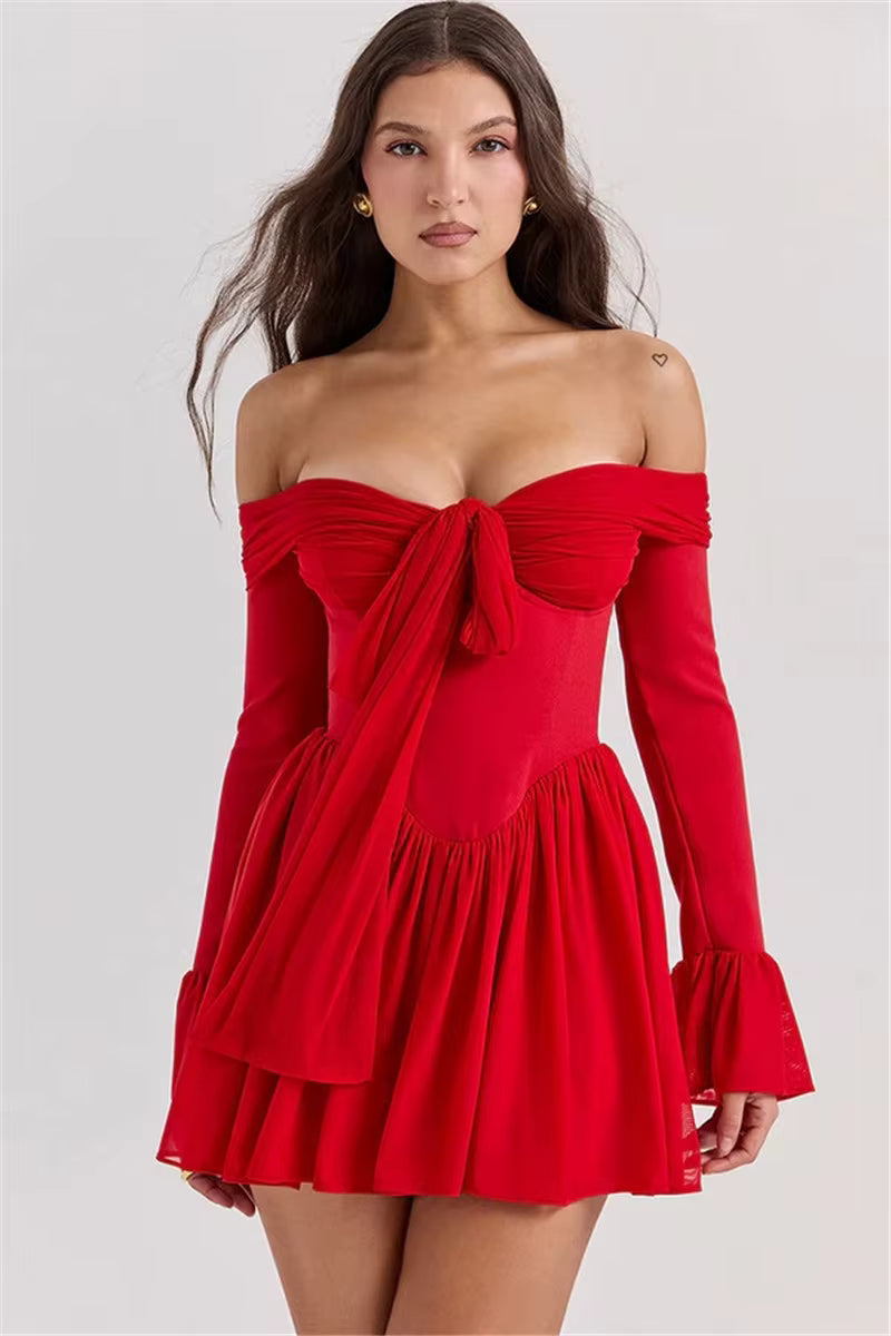 Elegant Strapless Backless Off-shoulder Long Flare Sleeve Pleated Club Party Mini Dress