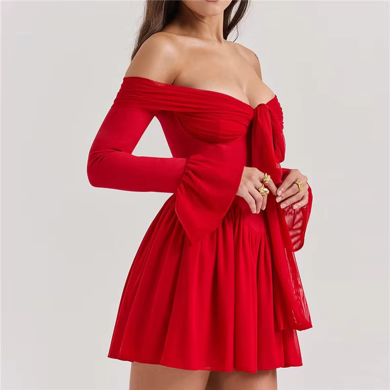 Elegant Strapless Backless Off-shoulder Long Flare Sleeve Pleated Club Party Mini Dress