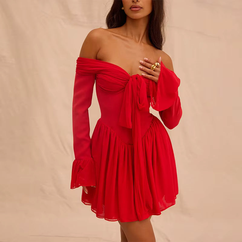 Elegant Strapless Backless Off-shoulder Long Flare Sleeve Pleated Club Party Mini Dress