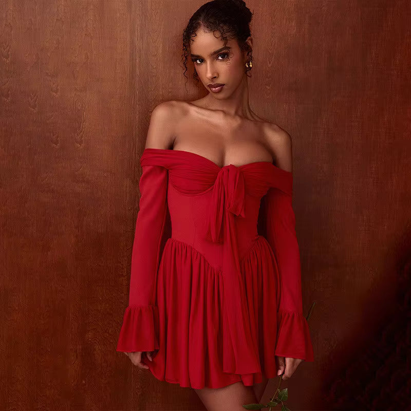 Elegant Strapless Backless Off-shoulder Long Flare Sleeve Pleated Club Party Mini Dress