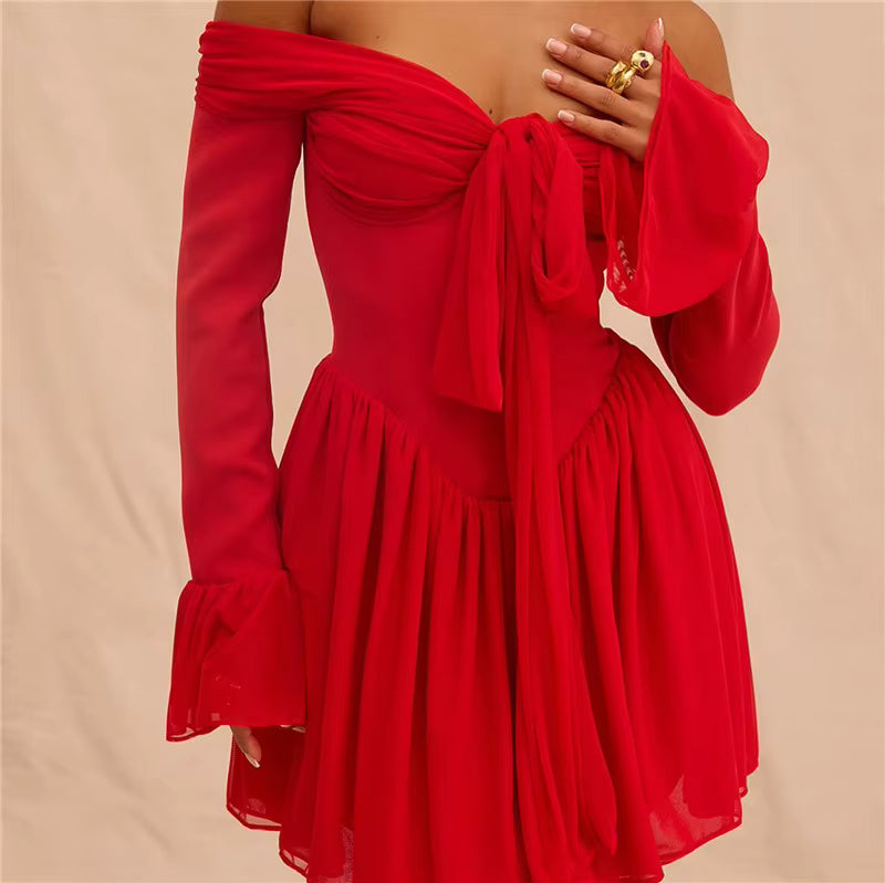 Elegant Strapless Backless Off-shoulder Long Flare Sleeve Pleated Club Party Mini Dress