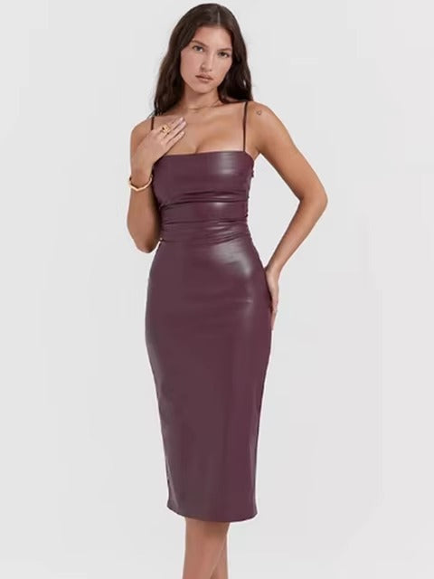 Elegant Square Collar Backless zipper PU Leather Evening Party Midi Dress