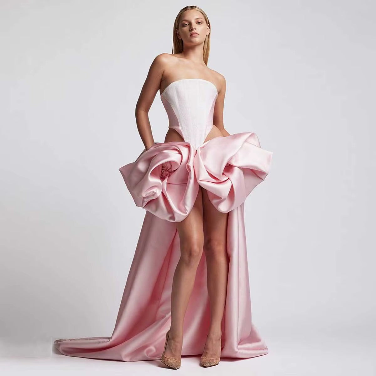 Elegant Strapless Chic Rose Flower High Low Prom Party Maxi Dresses