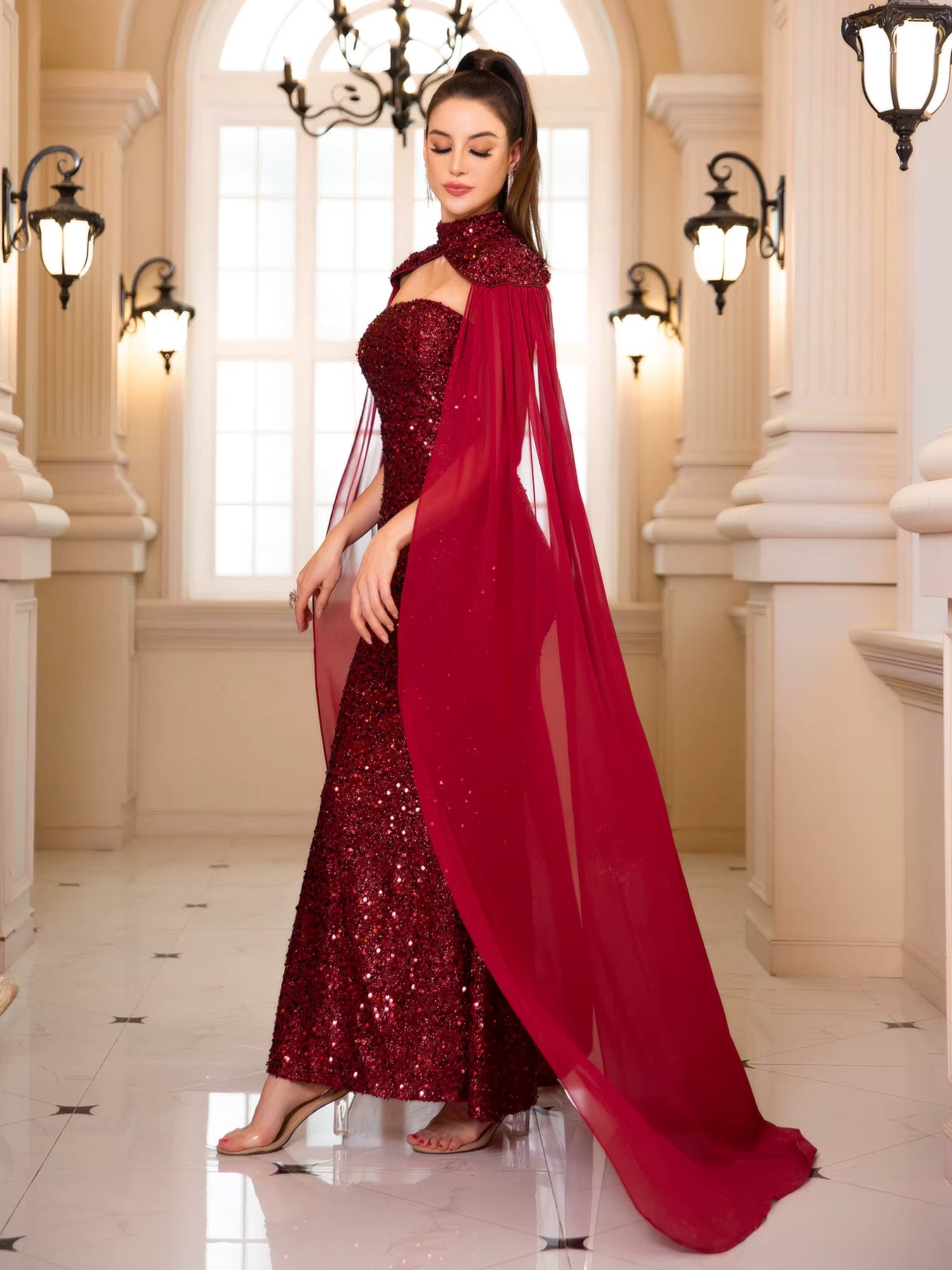 Elegant Strapless Detachable Shawl Sequin Flowing Sleeves Evening Party Dresses