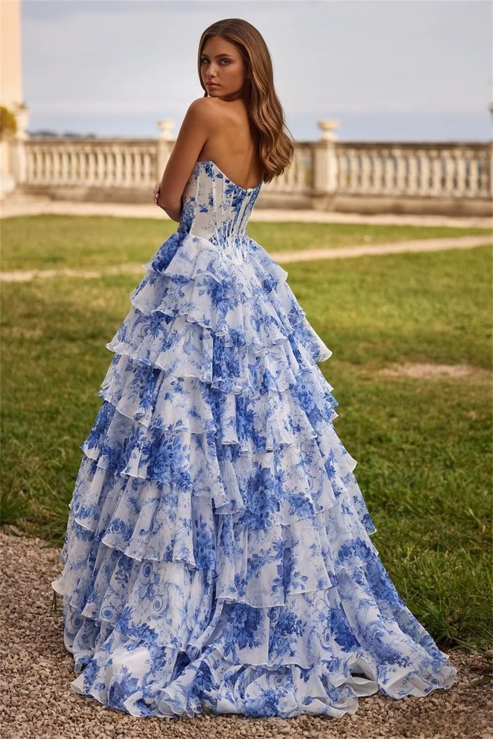 Elegant Strapless Floral Print Tiered Ruffle Prom Side Floor-Length High Split Maxi Dress