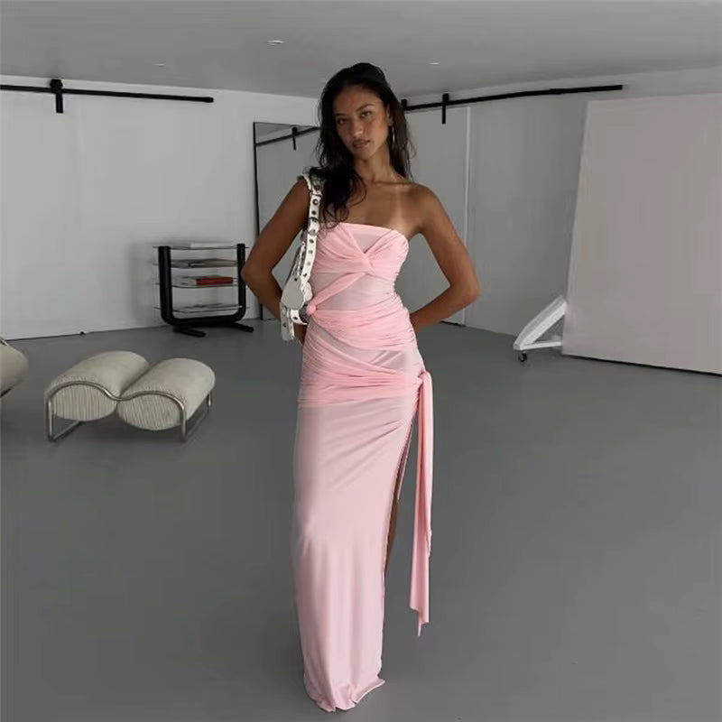 Elegant Strapless High Slit Backless High Waist Skinny Maxi Dress