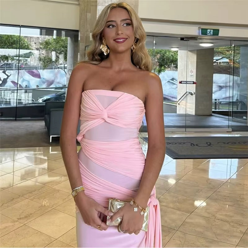 Elegant Strapless High Slit Backless High Waist Skinny Maxi Dress