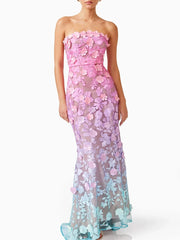 Elegant Strapless Hit Color Spliced Appliques Slimming High Waist Maxi Dress