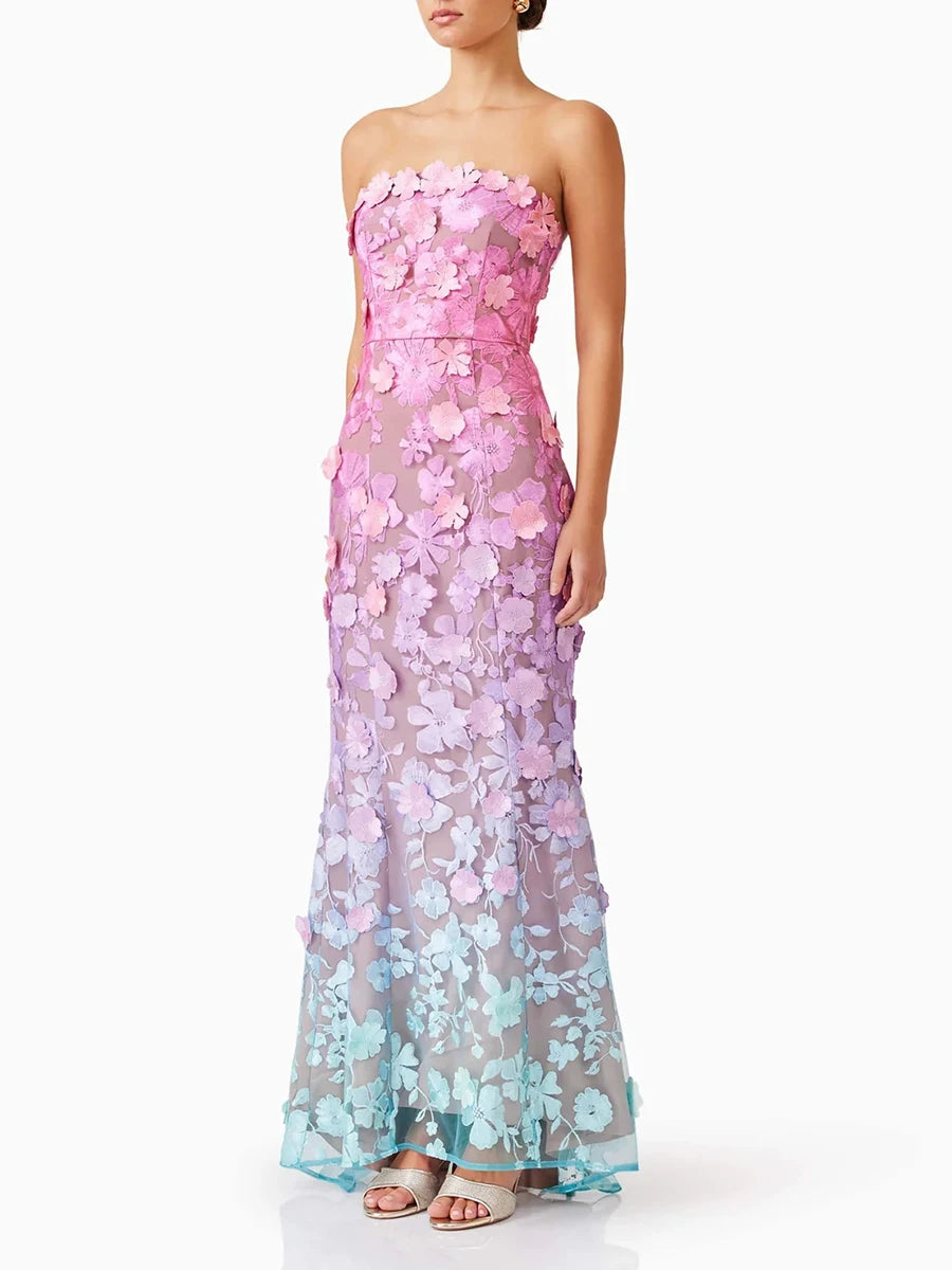 Elegant Strapless Hit Color Spliced Appliques Slimming High Waist Maxi Dress