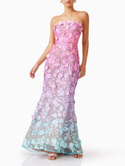 Elegant Strapless Hit Color Spliced Appliques Slimming High Waist Maxi Dress