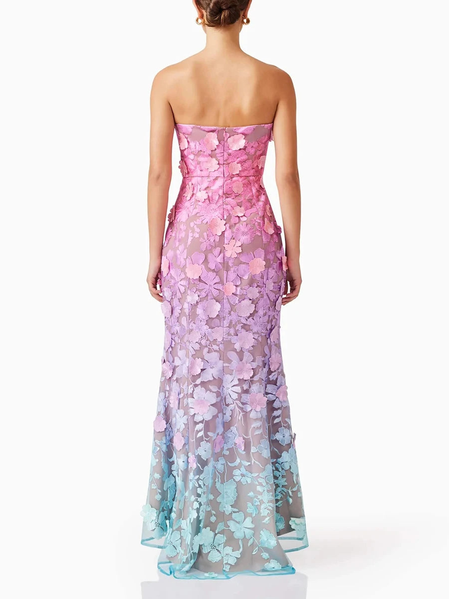 Elegant Strapless Hit Color Spliced Appliques Slimming High Waist Maxi Dress