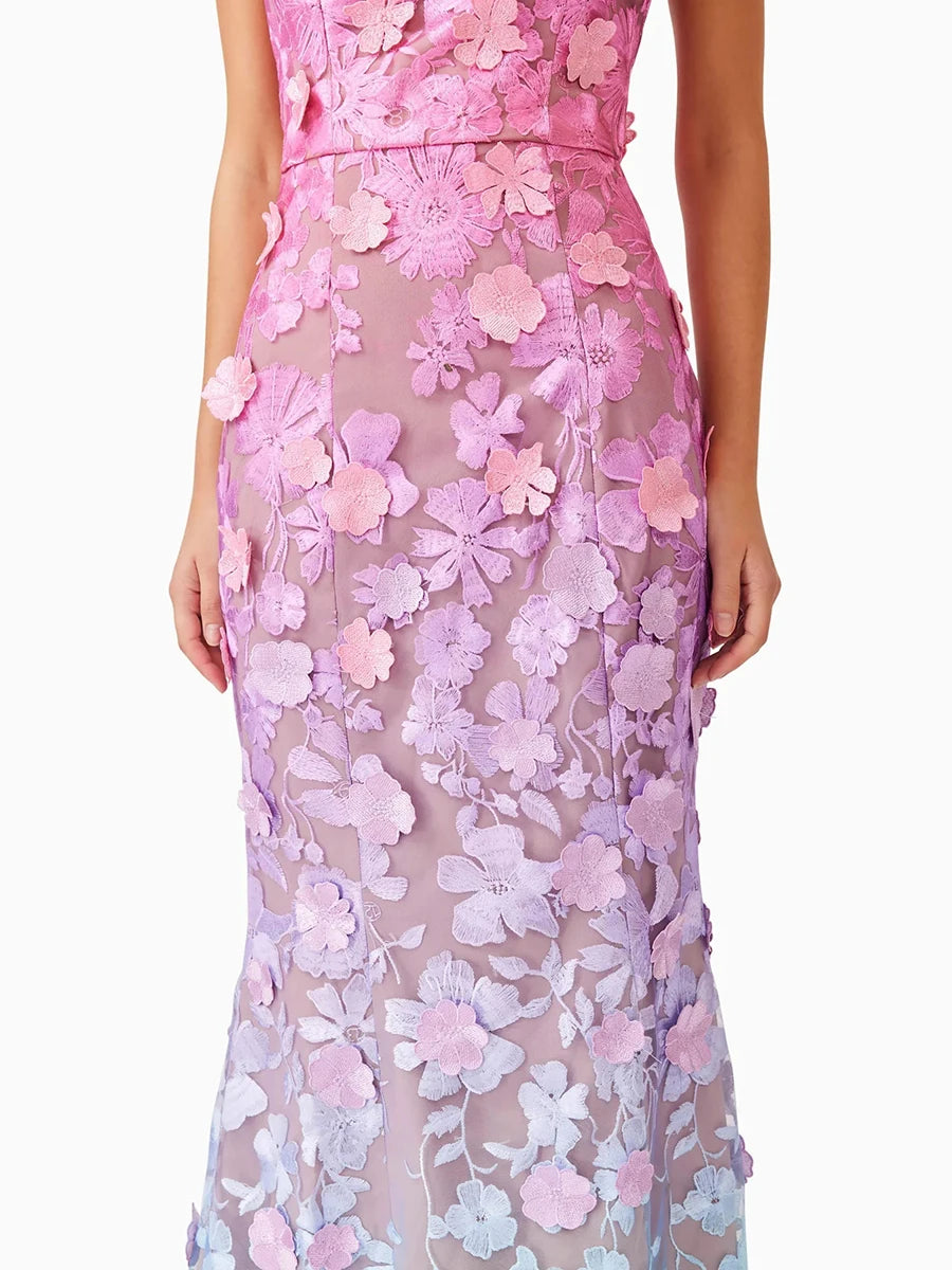 Elegant Strapless Hit Color Spliced Appliques Slimming High Waist Maxi Dress