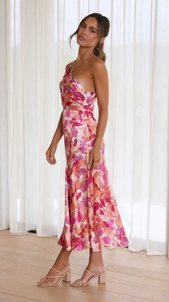Elegant Strapless Inclined Shoulder Pullover Beach Style Midi Dress