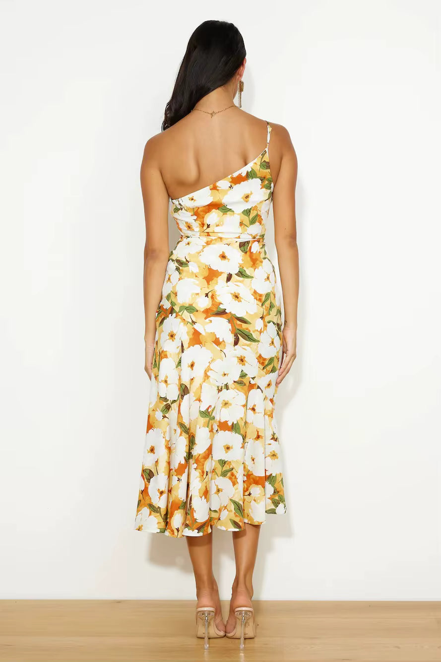 Casual Spaghetti Strap Printed Hanging Strap Back Tie Maxi Dress