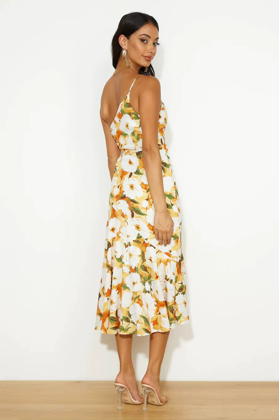 Casual Spaghetti Strap Printed Hanging Strap Back Tie Maxi Dress