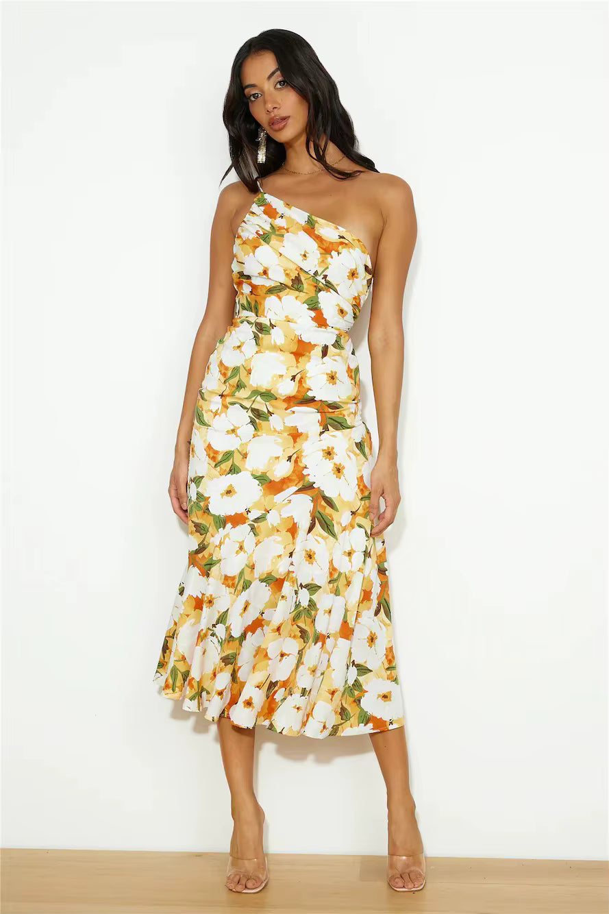 Casual Spaghetti Strap Printed Hanging Strap Back Tie Maxi Dress