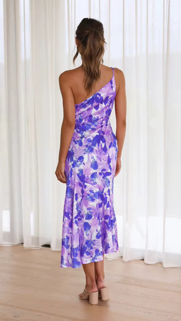 Elegant Strapless Inclined Shoulder Pullover Beach Style Midi Dress