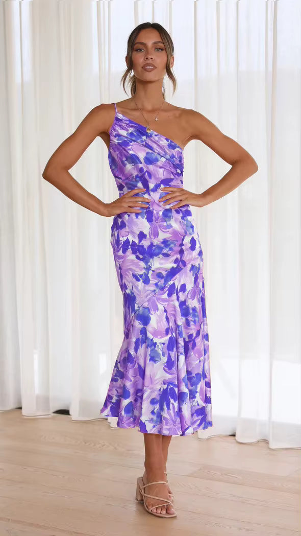 Elegant Strapless Inclined Shoulder Pullover Beach Style Midi Dress