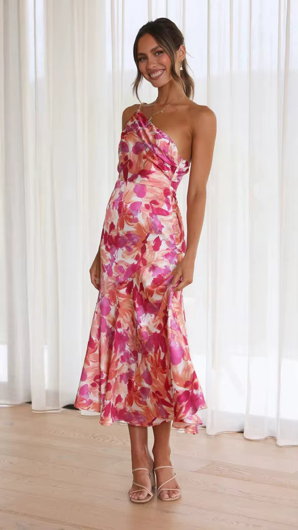 Elegant Strapless Inclined Shoulder Pullover Beach Style Midi Dress