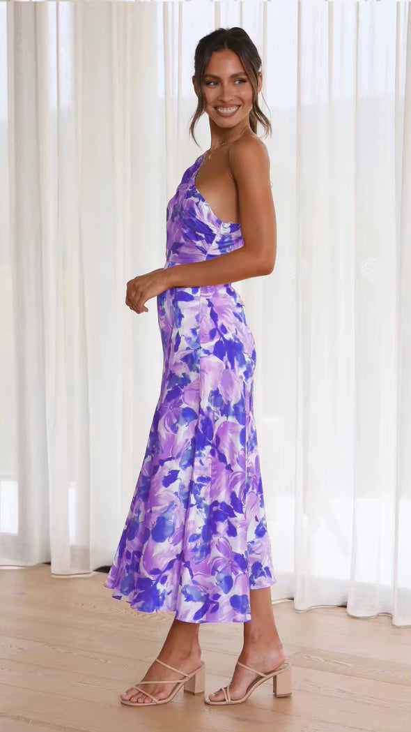 Elegant Strapless Inclined Shoulder Pullover Beach Style Midi Dress