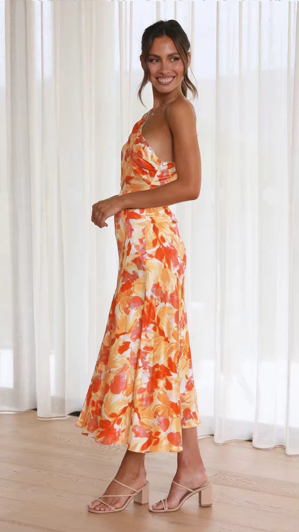 Elegant Strapless Inclined Shoulder Pullover Beach Style Midi Dress