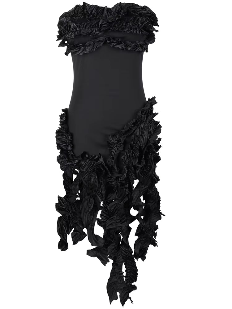 Elegant Strapless Irregular Ruffle Sleeveless Fringed Bandage Party Cocktail Midi Dress