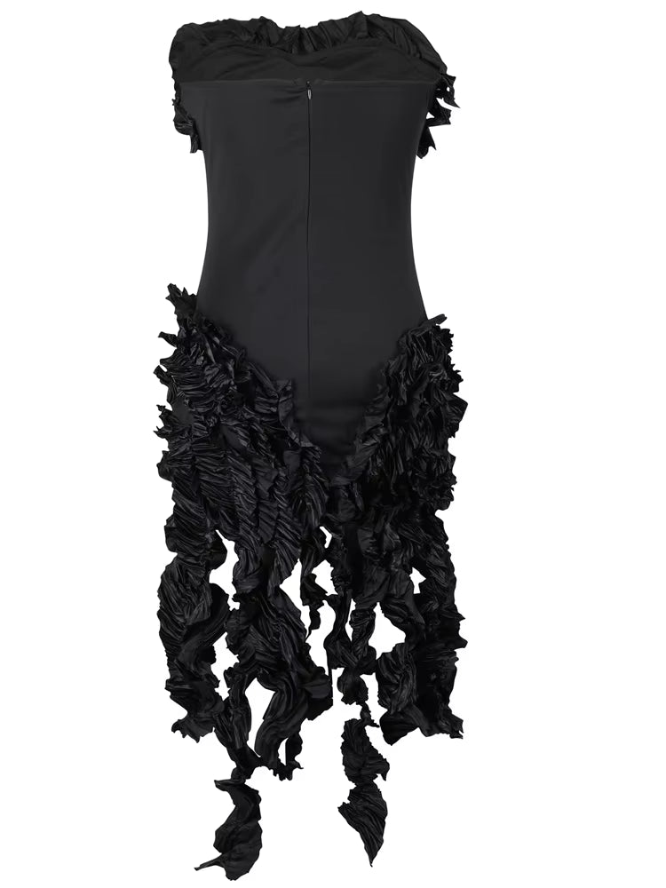 Elegant Strapless Irregular Ruffle Sleeveless Fringed Bandage Party Cocktail Midi Dress