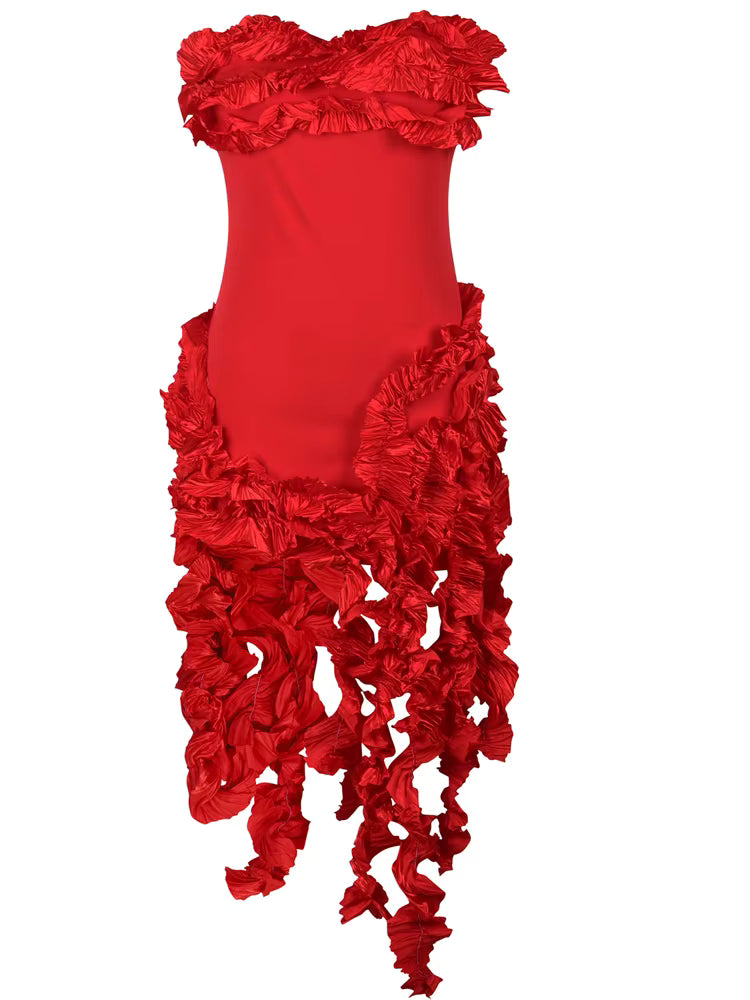 Elegant Strapless Irregular Ruffle Sleeveless Fringed Bandage Party Cocktail Midi Dress