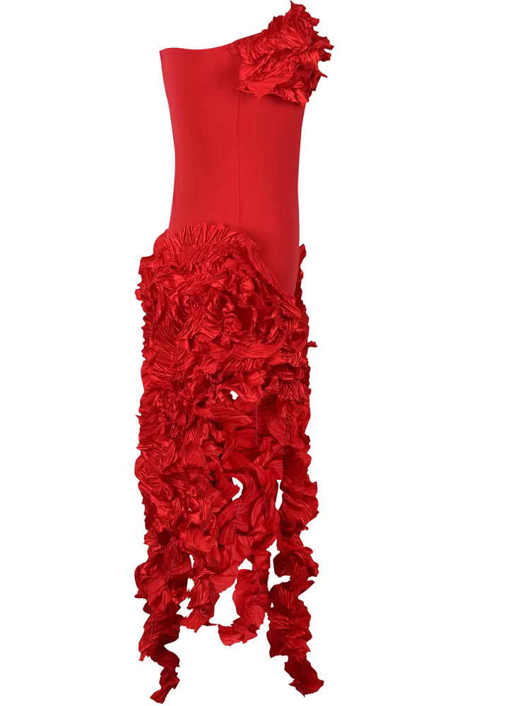 Elegant Strapless Irregular Ruffle Sleeveless Fringed Bandage Party Cocktail Midi Dress