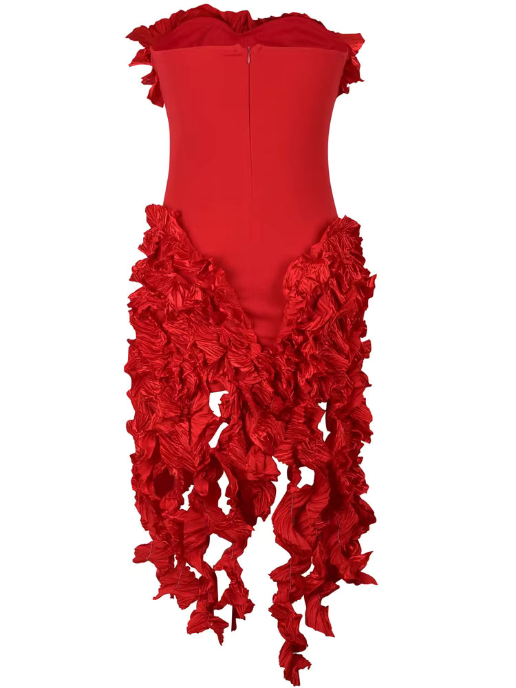 Elegant Strapless Irregular Ruffle Sleeveless Fringed Bandage Party Cocktail Midi Dress