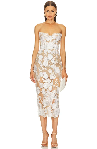 Elegant Strapless Lace Flower Backless Slim Slight Stretch Midi Dress