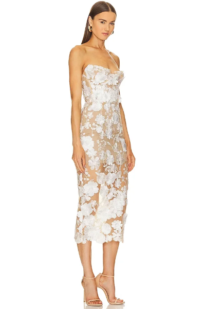Elegant Strapless Lace Flower Backless Slim Slight Stretch Midi Dress