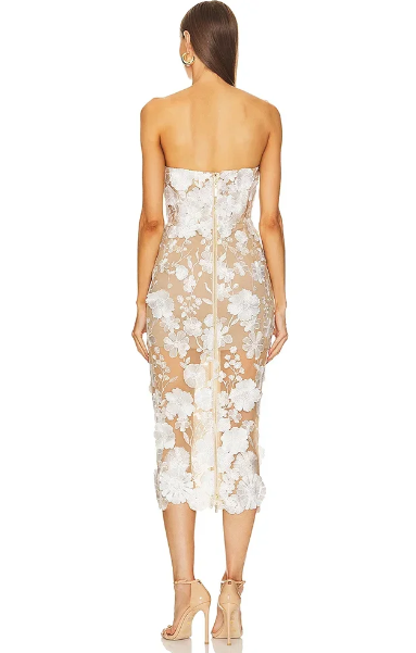 Elegant Strapless Lace Flower Backless Slim Slight Stretch Midi Dress