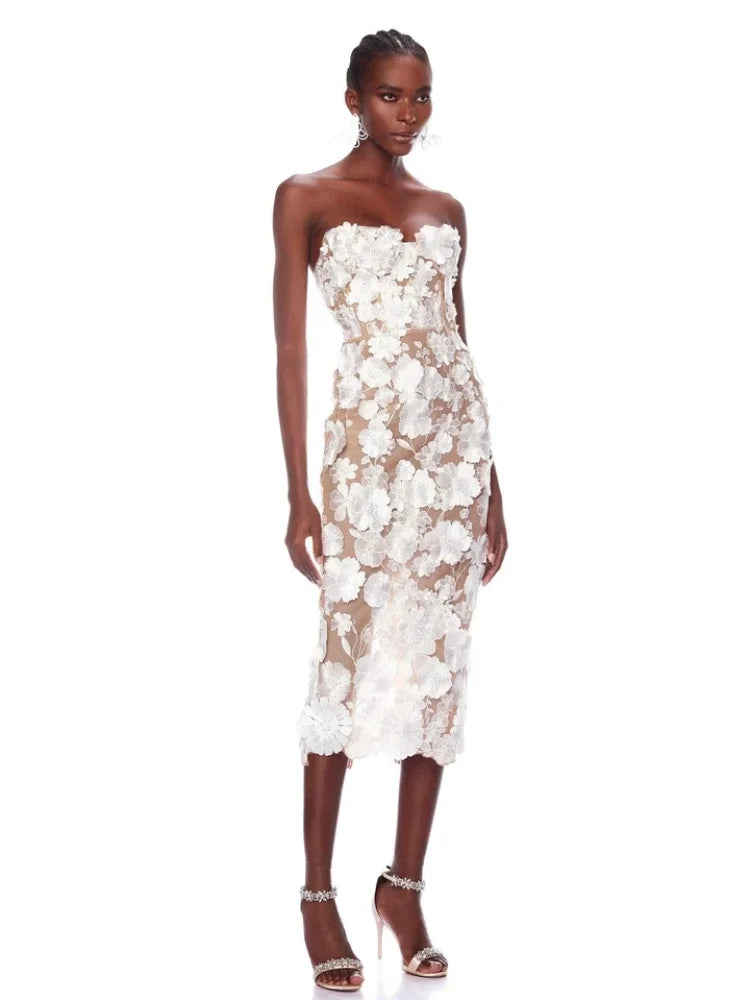 Elegant Strapless Lace Flower Backless Slim Slight Stretch Midi Dress