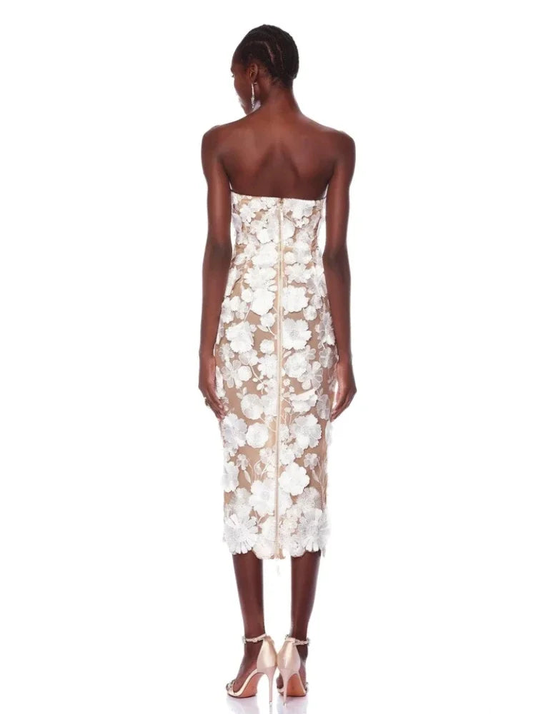 Elegant Strapless Lace Flower Backless Slim Slight Stretch Midi Dress