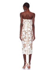 Elegant Strapless Lace Flower Backless Slim Slight Stretch Midi Dress