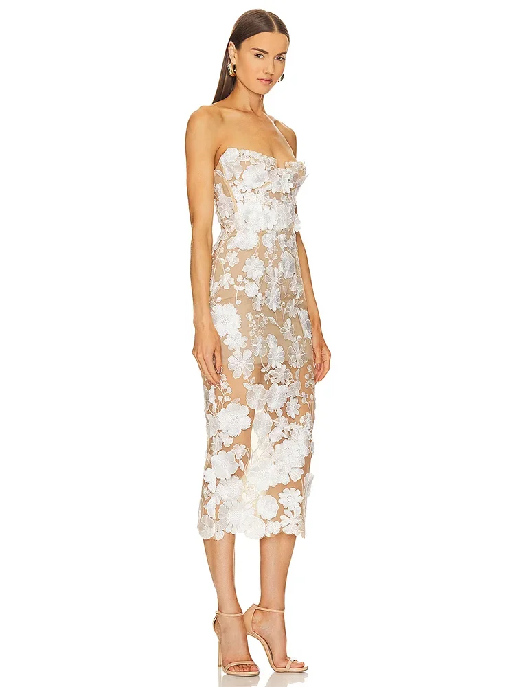 Elegant Strapless Lace Flower Backless Slim Slight Stretch Midi Dress