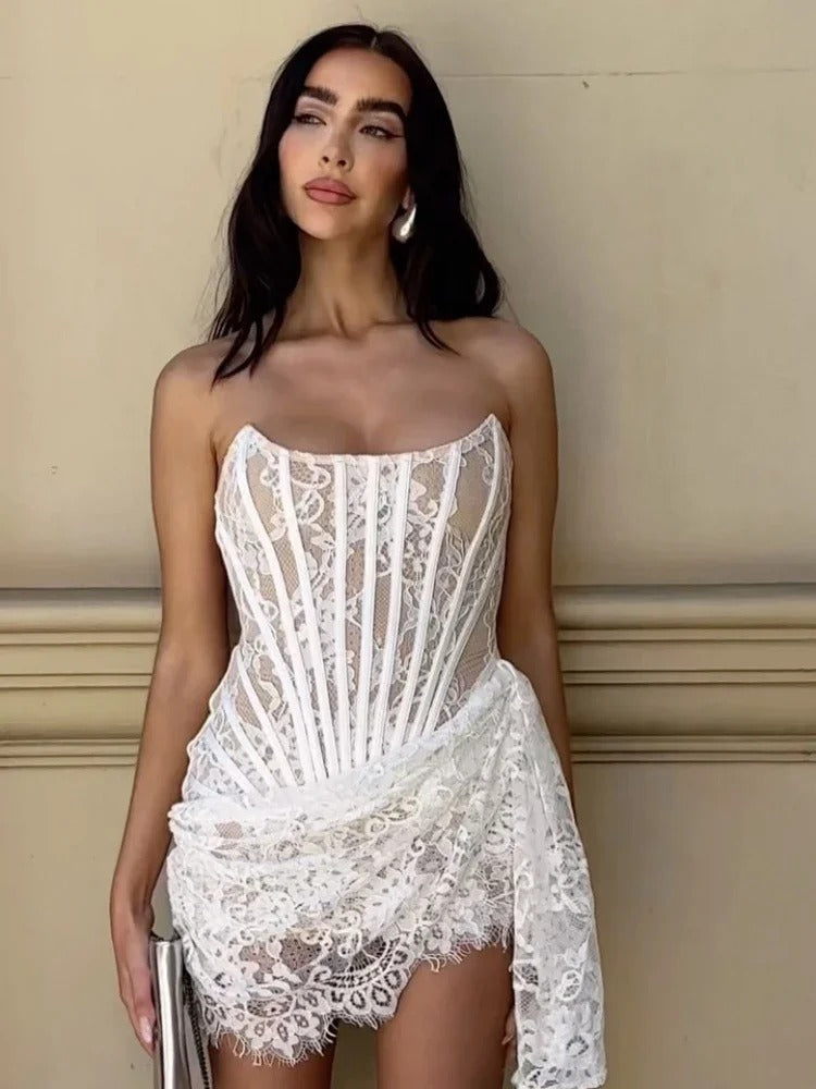 Elegant Strapless Lace Lace-Up Draped Corset Bodycon Mini Dress