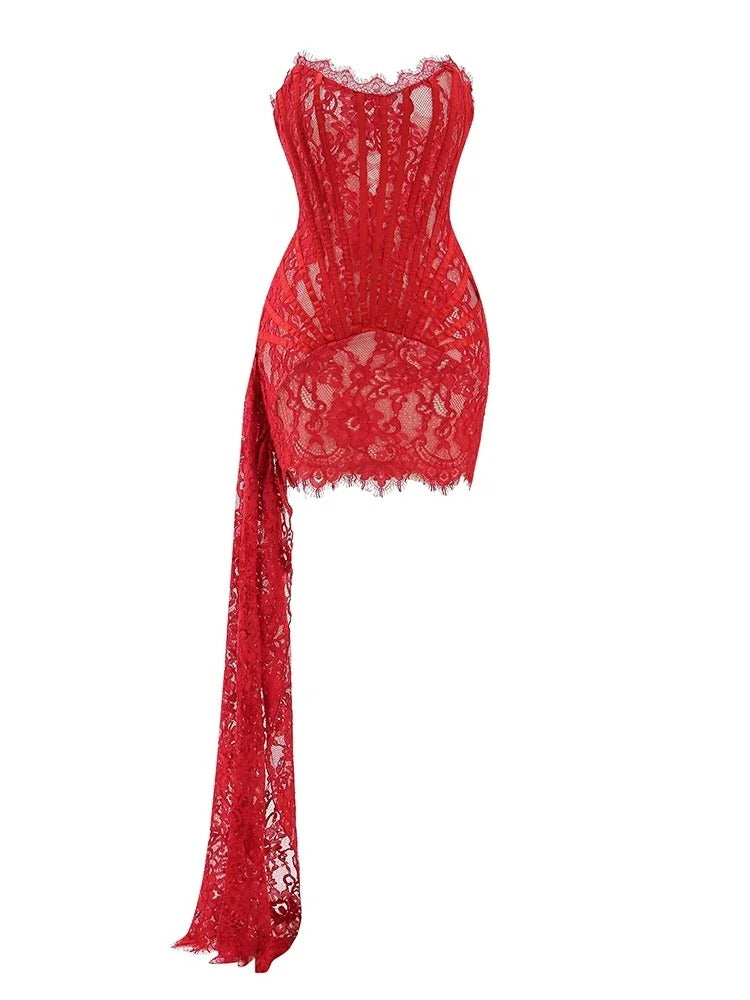 Elegant Strapless Lace Lace-Up Draped Corset Bodycon Mini Dress