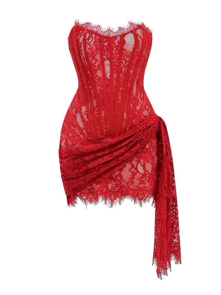 Elegant Strapless Lace Lace-Up Draped Corset Bodycon Mini Dress