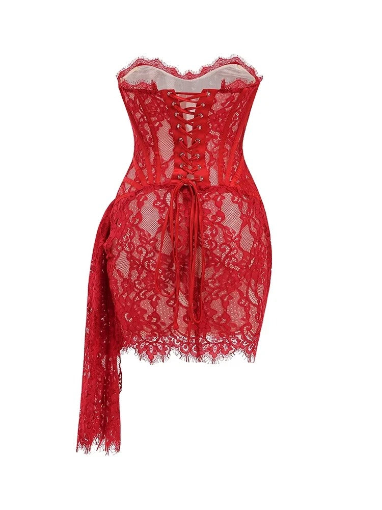 Elegant Strapless Lace Lace-Up Draped Corset Bodycon Mini Dress