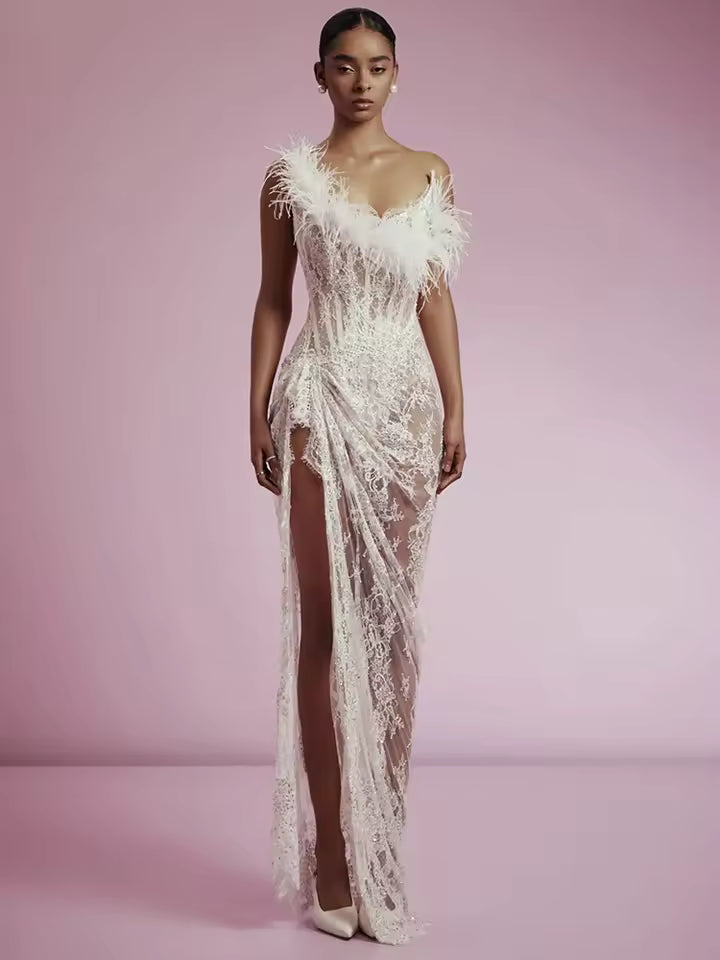 Elegant Strapless Lace Ruched A-line See Through Tulle High Split Long Dress