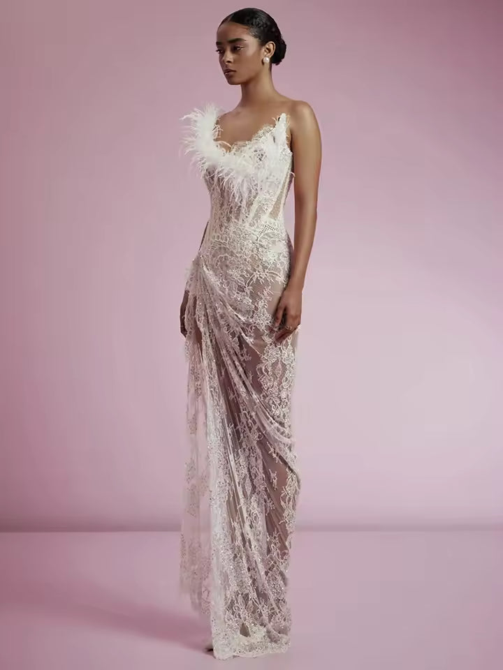 Elegant Strapless Lace Ruched A-line See Through Tulle High Split Long Dress