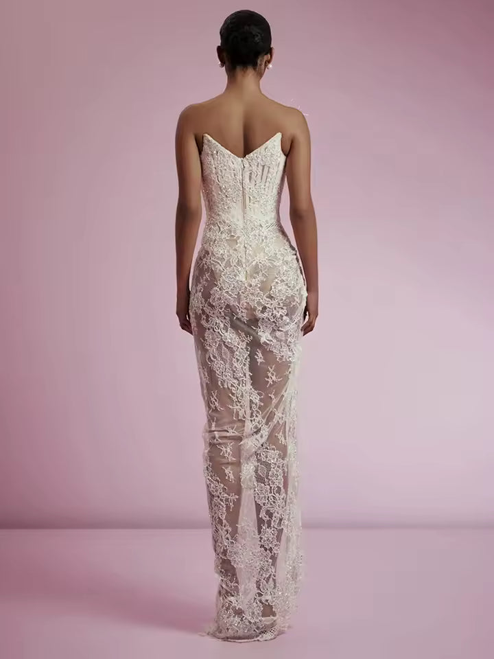 Elegant Strapless Lace Ruched A-line See Through Tulle High Split Long Dress