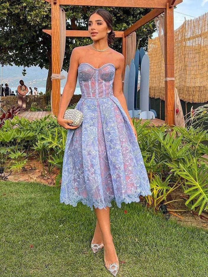 Elegant Strapless Lace Sleeveless Open Shoulder Midi Dress
