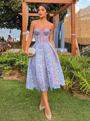 Elegant Strapless Lace Sleeveless Open Shoulder Midi Dress