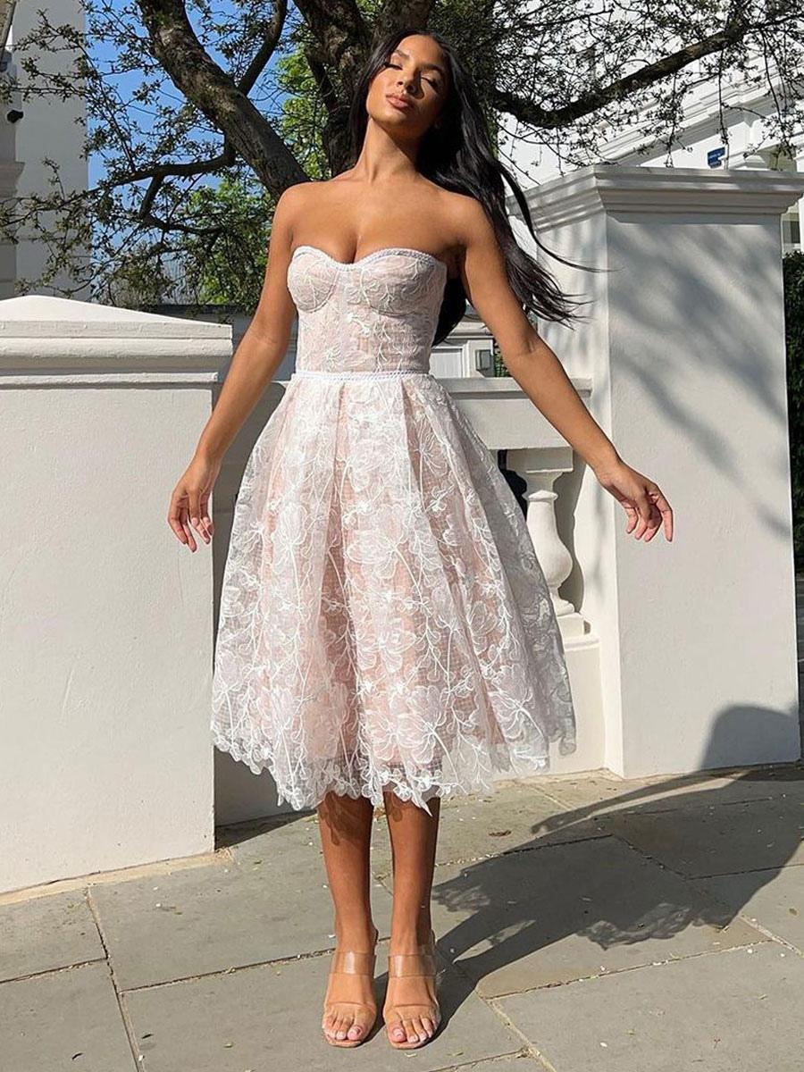 Elegant Strapless Lace Sleeveless Open Shoulder Midi Dress