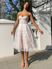 Elegant Strapless Lace Sleeveless Open Shoulder Midi Dress