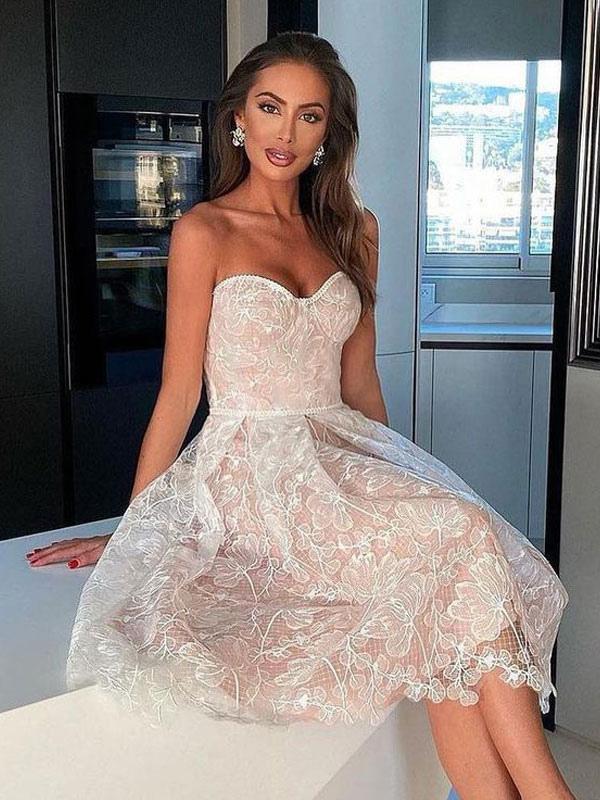 Elegant Strapless Lace Sleeveless Open Shoulder Midi Dress