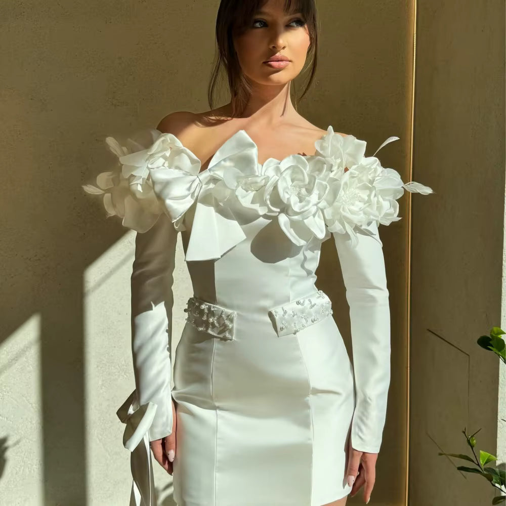 Elegant Strapless Long Sleeves Pearls One Shoulder Formal Evening Prom Dresses